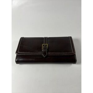 Nine West Brown Leather Clutch Wallet Organizer Women Snap Closure
